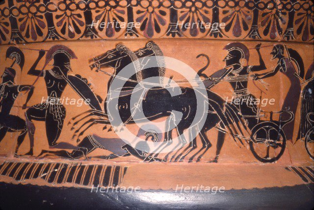 Greek Soldiers and Chariot in Battle, vase painting, c6th century BC. Artist: Unknown.