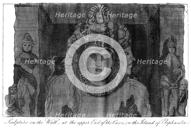 'Sculpture on the Wall at the Upper End of the Cave, Island of Elephanta', India, 1799. Artist: Unknown