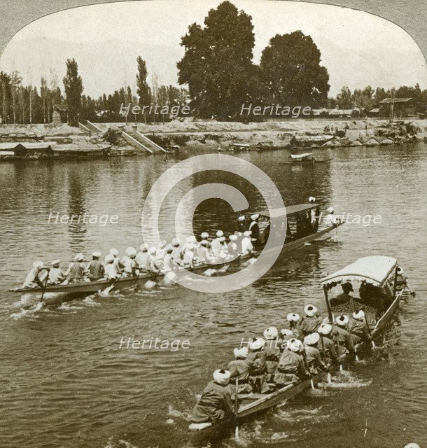 Lady Curzxon travelling on the state barge of the Maharaja, Kashmir, India, c1900s(?).Artist: Underwood & Underwood
