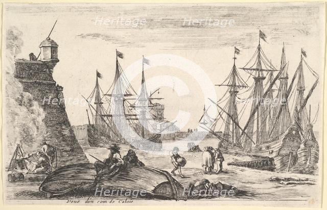 View of a part of Calais (Veue d'un coin de Calais), a man sitting on an overturned canoe ..., 1647. Creator: Stefano della Bella.