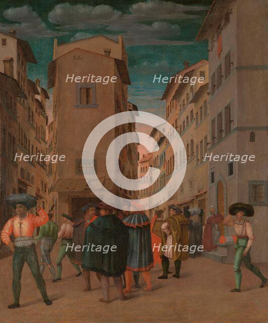 Florentine Street Scene with Twelve Figures (Sheltering the Traveler, one of the Seven Works of Merc Creator: Anon.