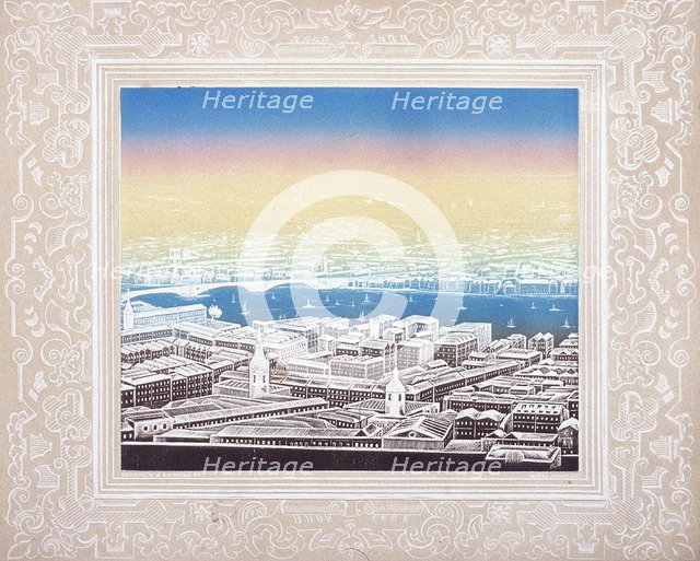 Aerial view of London with decorative border, c1845.  Artist: Kronheim & Co