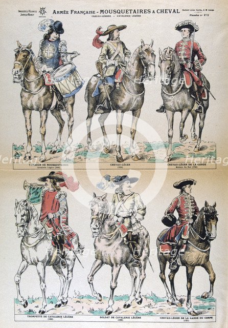 Mousquetaires a Cheval 17th Century. French army uniforms. Colour Lithograph. Private collection. Artist: Unknown