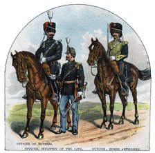 Officer of Hussars, Officer, infantry of the Line, Gunner, horse artillery, 19th century. Artist: Unknown