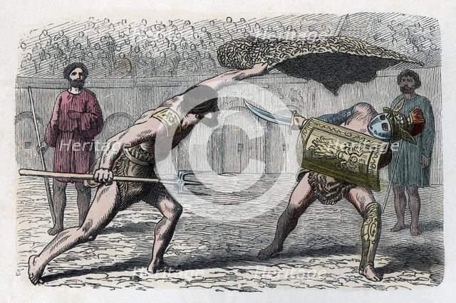 Roman circus, gladiators fighting in the arena, engraving 1866.