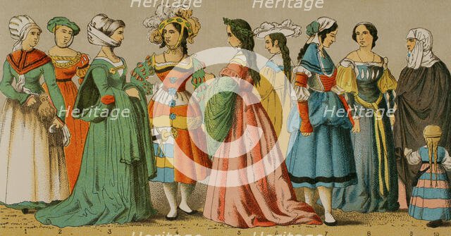 Women's dresses from different social classes, German, 1500-1550, (1881).  Creator: Unknown.