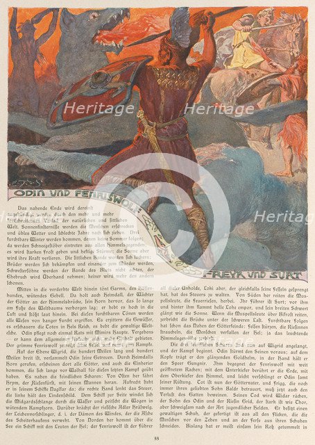 Odin and Fenrir, Freyr and Surt. From Valhalla: Gods of the Teutons, c. 1905.