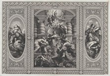 James I appointing Charles as King of Scotland at center, Minerva spearing Ignorance at ri..., 1720. Creator: Simon Gribelin.