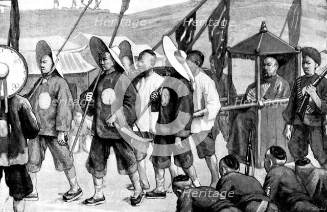 Sketches in Formosa: the General of the "Black Flags" inspecting the fortifications at Takow, 1895. Creator: George Meisenbach.