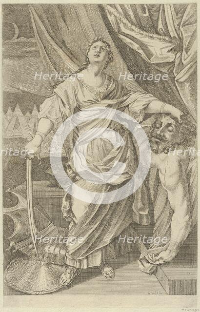 Judith standing and looking up, holding the head of Holofernes in her left hand and a..., 1650-1750. Creator: Anon.