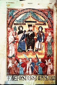 Queen Jimena and Alphonse III the Great (848-910) before the bishop Gorneus, miniature in the 'Bo…