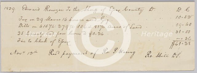 Record of taxes on property, including enslaved persons, owned by John Rouzee, November 12, 1839. Creator: Unknown.