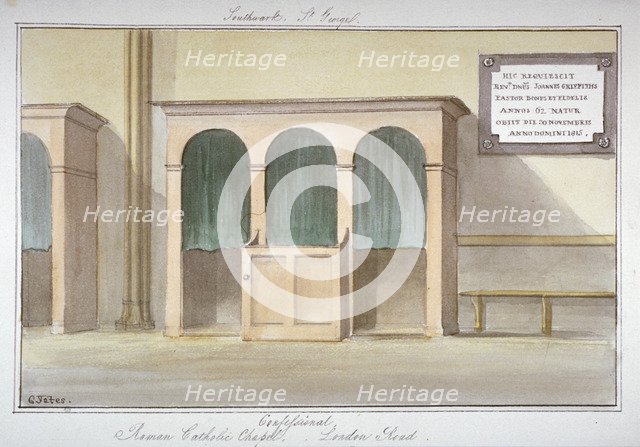 The confessional in the Roman Catholic Chapel on London Road, Southwark, London, 1825. Artist: G Yates