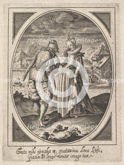 A man steps toward a woman who holds a goblet to her mouth, a watermill and mount..., ca. 1585-1621. Creator: Heinrich Ulrich.