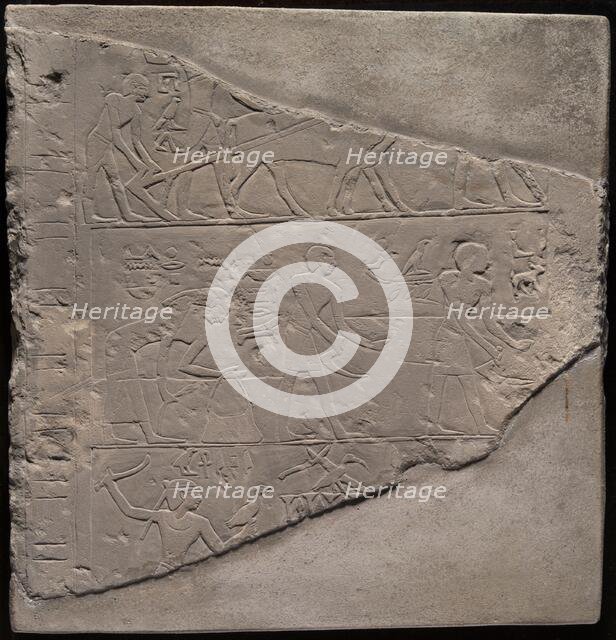 Fragment of a Stela Depicting Plowing, Harvesting, and Fowling, Egypt, First Intermediate Period... Creator: Unknown.