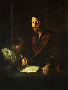 Portrait of a man writing in lamplight (self-portrait), 1635-1640. Creator: Paolini, Pietro (1603-1682).