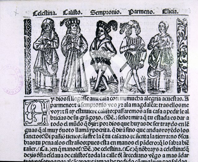 Title page of 'Libro de Calixto y Melibea y la puta vieja Celestina' (Book of Calixto and Melibea…