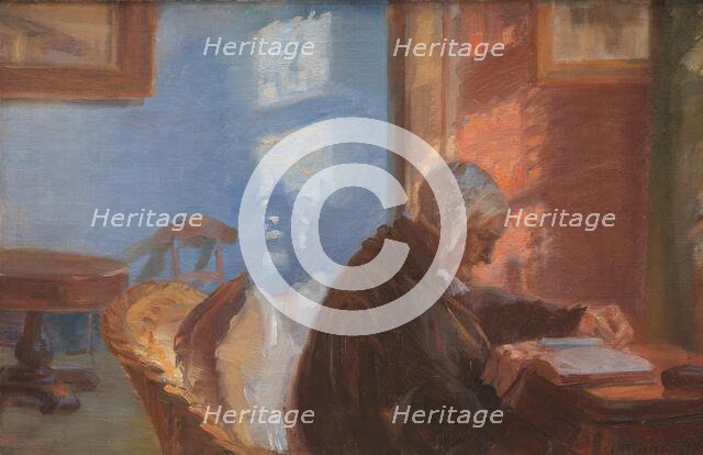 The Artist's Mother Ane Hedvig Brondum in the Red Room, 1909. Creator: Anna Kirstine Ancher.