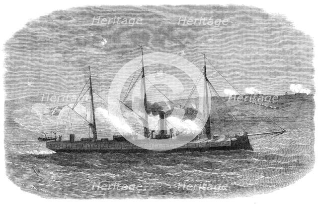 The War in Denmark: the Rolf Krake, Danish...gun-boat...engaging the Prussians before Düppel, 1864. Creator: Unknown.