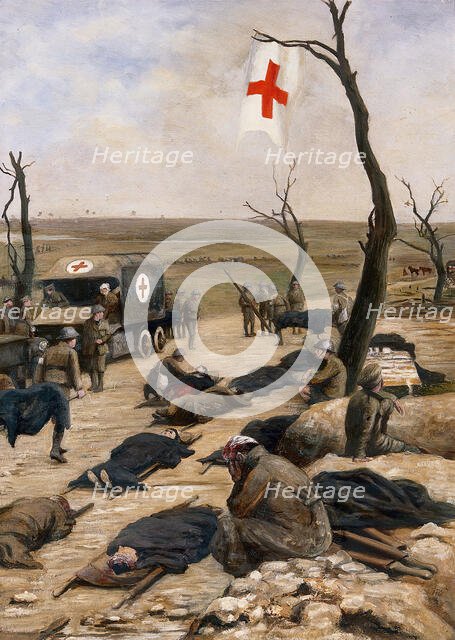 World War I: an advanced dressing-station by the roadside. Creator: Francis Barraud.