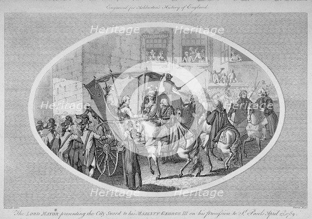The Lord Mayor presenting the City Sword to King George III at Temple Bar, London, 1789 (1791). Artist: AW Warren