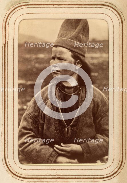 Profile portrait of Inga Kajsa Granström, 22 years old, Tuorpon Sami village, 1868.  Creator: Lotten von Duben.