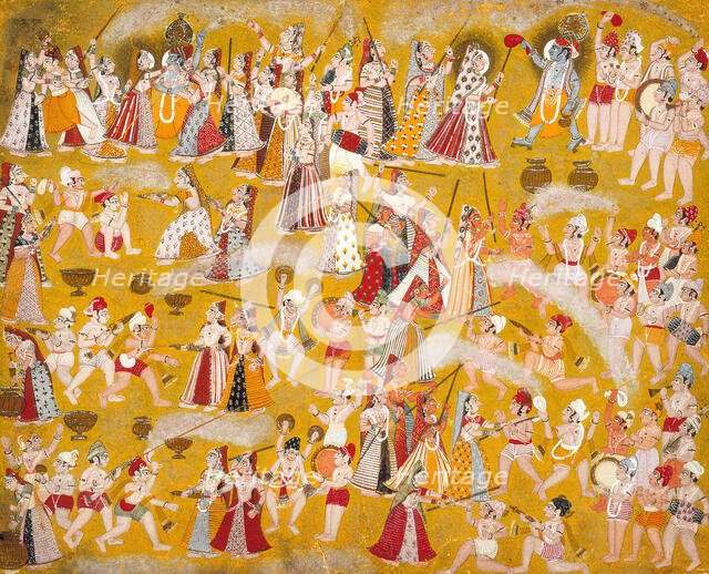 Krishna and Radha Celebrating the Holi Festival with Companions, c1750. Creator: Unknown.