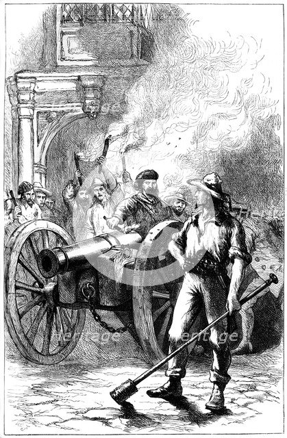 Mob firing cannon before the courthouse where Alexander McLeod was imprisoned, 1840 (c1880). Artist: Unknown