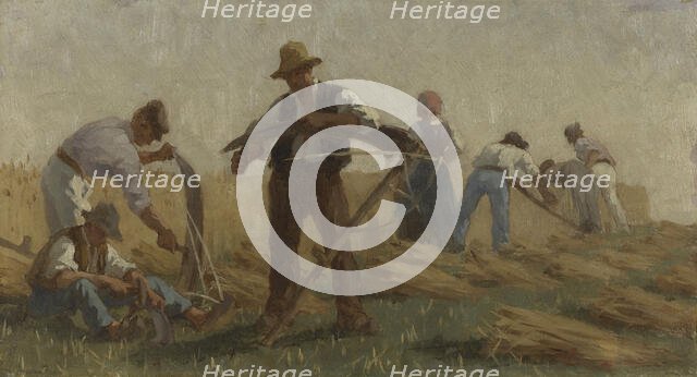History of wheat: Harvesters sharpening their scythes. Sketch for the drawing room in the..., 1879. Creator: Paul Albert Baudouin.