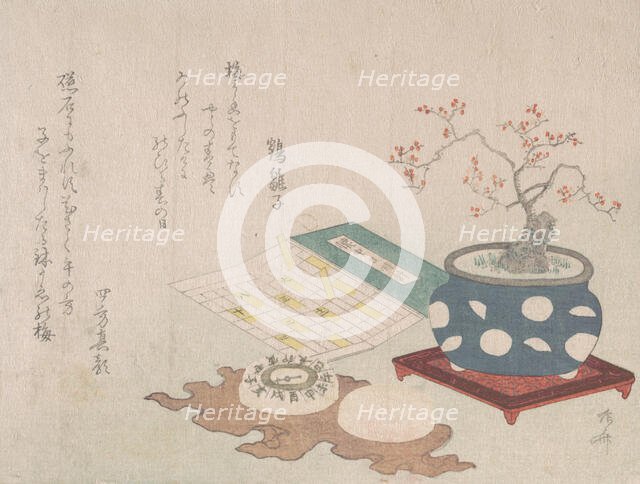 Bonsai Plum, Compass, and Pocket Sundial with Design of Calendar, from Spring Rain Surimon..., 1806. Creator: Shinsai.