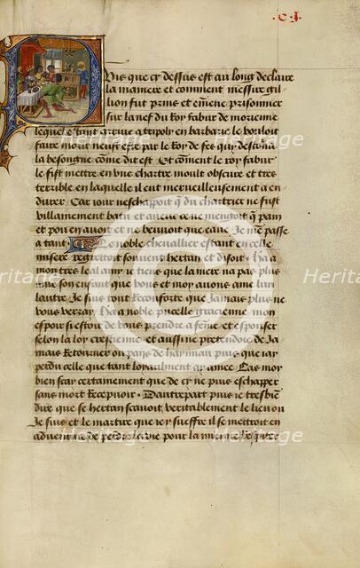 Initial P: Gillion's Companion Hertan in Disguise Kneeling Before King Fabur, 1464. Creators: Lieven van Lathem, David Aubert.