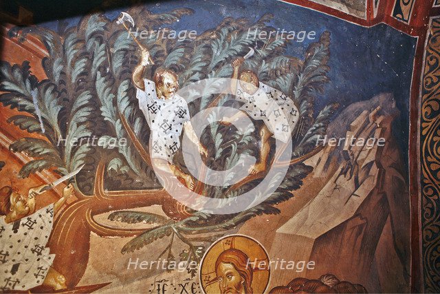 The Entry of Christ into Jerusalem. Detail: Children cutting palm tree branches, 14th century. Artist: Master Gerasime (active 14th century)