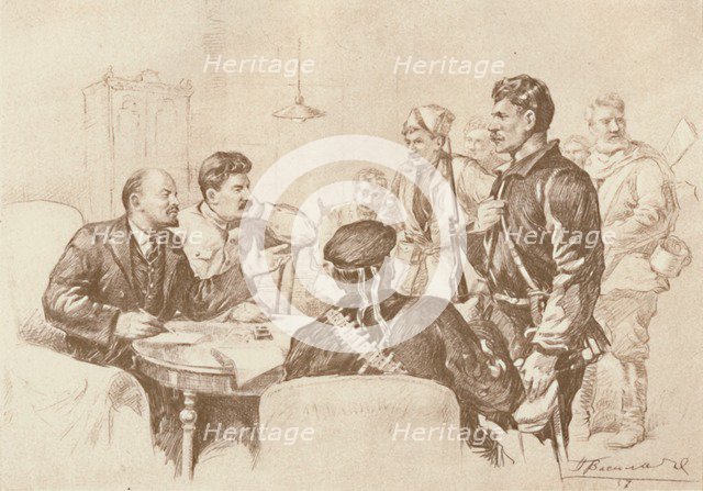 'Lenin and Stalin Speaking to Red Guards in the Smolny, 1917', (1939). Creator: Pyotr Vasilyev.