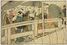 Crossing a Bridge in Summer, from the illustrated book "Picture Book: Flowers of the Four..., 1801. Creator: Kitagawa Utamaro.