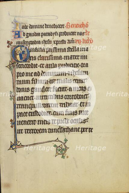 Initial O: A Young Man and a Devil before the Virgin and Child; Ruskin Hours, about 1300. Creator: Unknown.