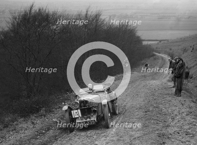 MG J2 competing in a trial, Crowell Hill, Chinnor, Oxfordshire, 1930s. Artist: Bill Brunell.