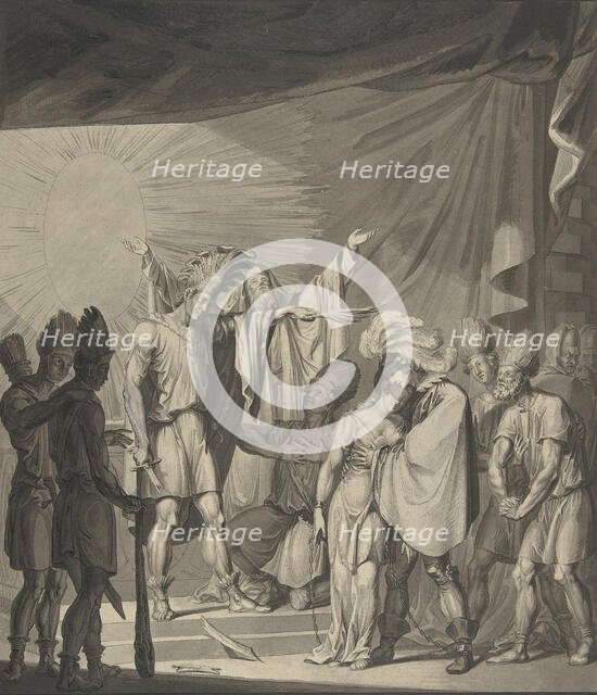 Sun King Anointing a Bound Couple, from August von Kotzebue's Die Sonnenjungfrau, 19th century. Creator: Franz von Hauslab.