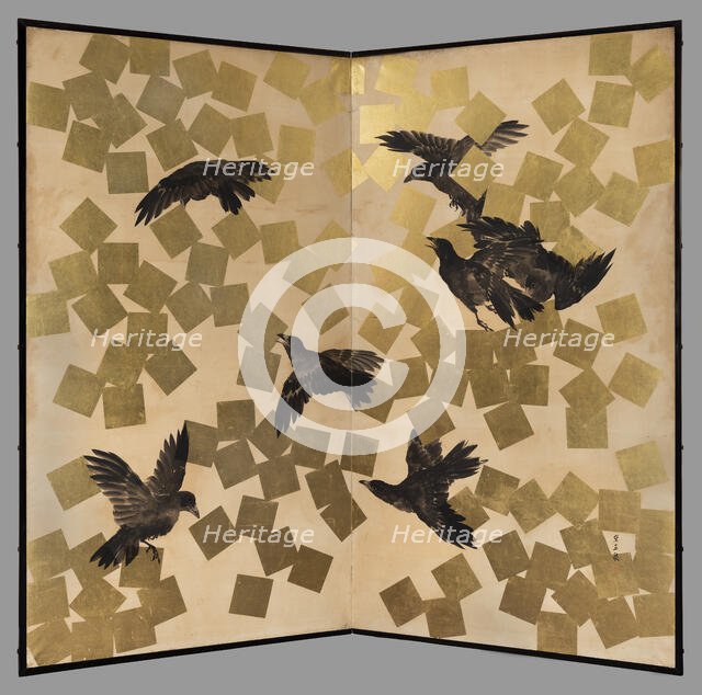 Flight of crows in a snow storm, 19th-20th century. Creator: Mochizuki Gyokusen.