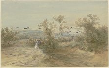 Strollers on a road through a shrub-covered plain, c1850-1905. Creator: Anton Burger.