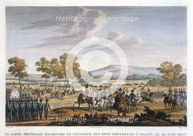 'The Imperial Guard Manoeuvring in the Presence of the Two Emperors at Tilsit, 28 June 1807'.  Artist: Edme Bovinet