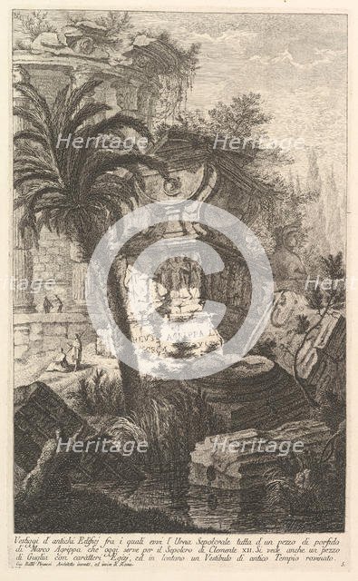 Remains of ancient buldings among which stands the sepulchral urn of Marcus Agrippa ma..., ca. 1750. Creator: Giovanni Battista Piranesi.