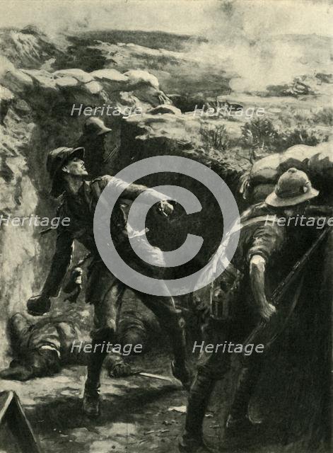 Lieutenant Forshaw throwing bombs continuously, Gallipoli, First World War, 1915, (c1920). Creator: Philip Dadd.