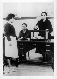 First ballot that allowed women to vote, polling station in a school in Madrid, legislative elect…