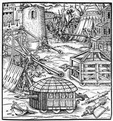 Various forms of siege equipment, including battering rams, 1547. Artist: Unknown