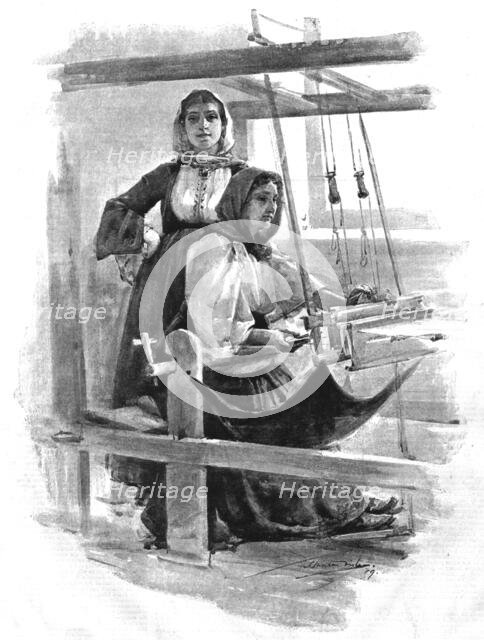 ''Greek women making Silk and Gold Thread Veils in the Factory at Athens', 1890. Creator: Samuel Melton Fisher.