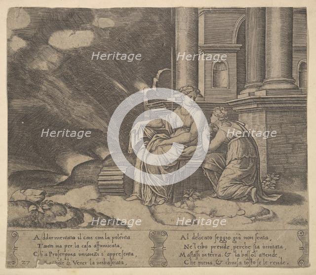 Plate 27: Proserpina gives Psyche the box of beauty, from 'The Fable of Cupid and Psyche', 1530-60. Creator: Master of the Die.