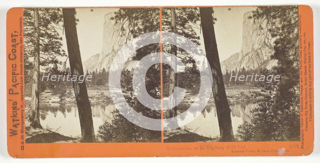 Tutocanula, or El Capitan, 3600 ft., Yosemite Valley, Mariposa County, Cal., 1861/76. Creator: Carleton Emmons Watkins.
