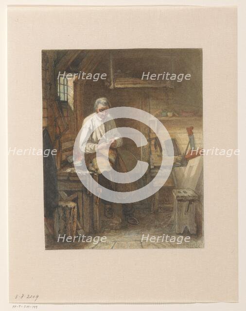 Carpenter sitting on a planer in his workshop, 1861. Creator: Jacob Taanman.