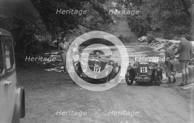 MG J2 and MG D type at the Mid Surrey AC Barnstaple Trial, Tarr Steps, Exmoor, 1934. Artist: Bill Brunell.