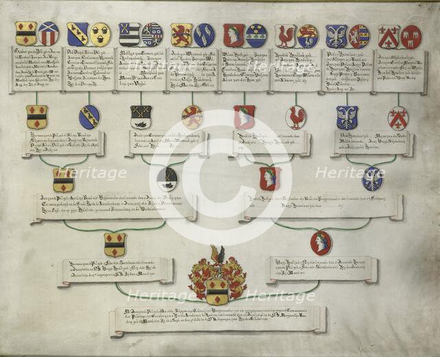 Pedigree with the coats of arms of the sixteen quarters of Jan van de Poll, 1700-1749. Creator: Anon.